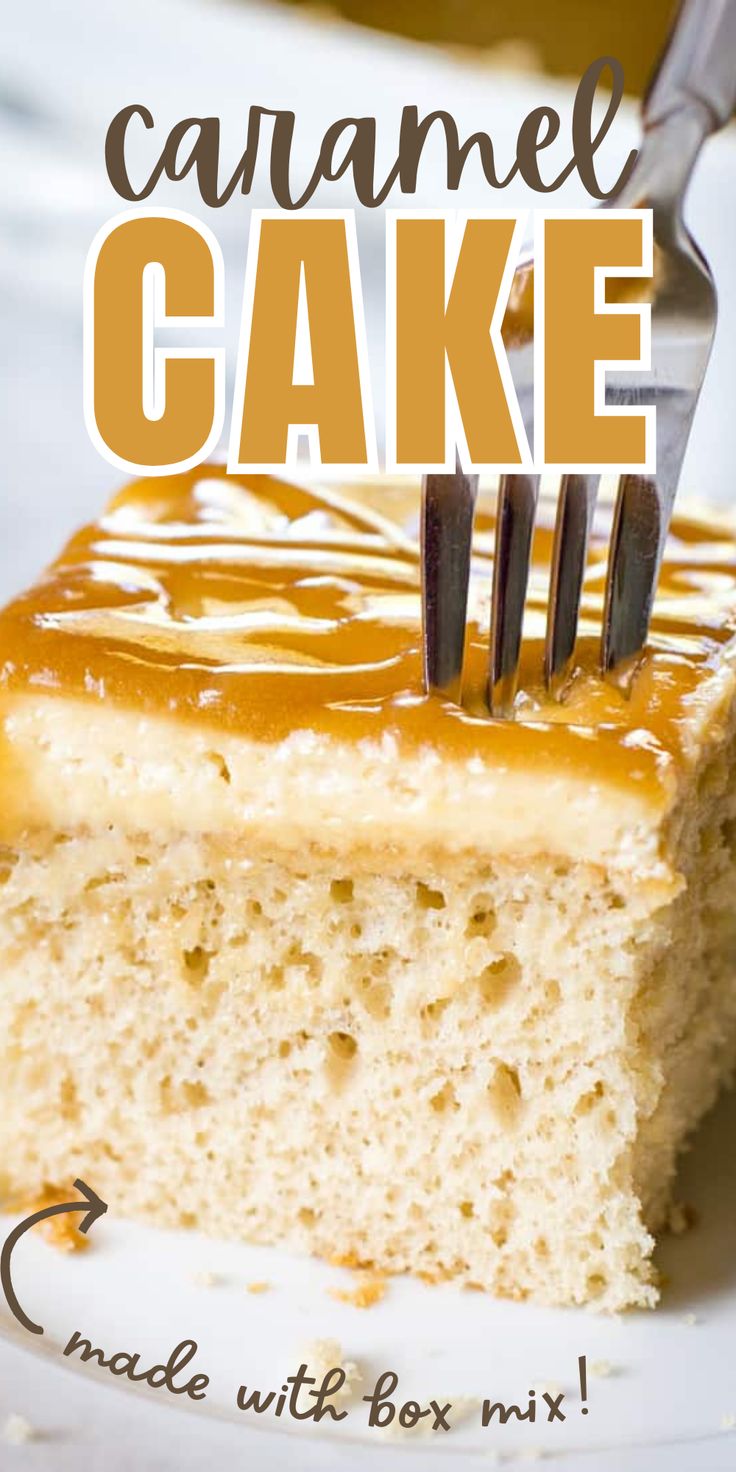 slice of caramel cake on plate with fork Yellow Cake With Caramel Icing, Easy Caramel Cake Simple, Caramel Cake With Box Cake, Caramel Cake Topping, Caramel Cake Box Recipe, Southern Style Caramel Cake, Caramel White Chocolate Cake, Carmel Cake From Box Cake, Old Fashion Caramel Cake