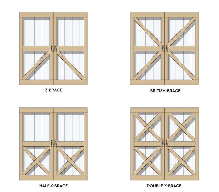 four different types of wooden doors with measurements for each door and the names on them