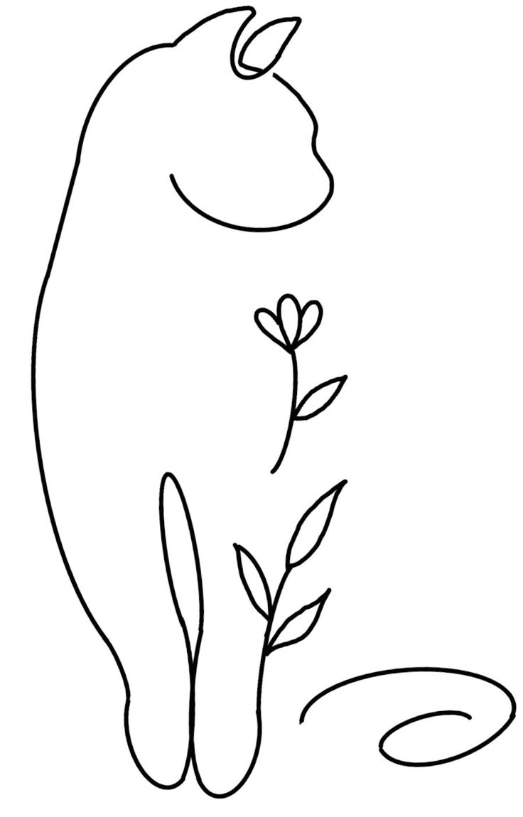 a black and white drawing of a cat with a plant in its paws on the ground