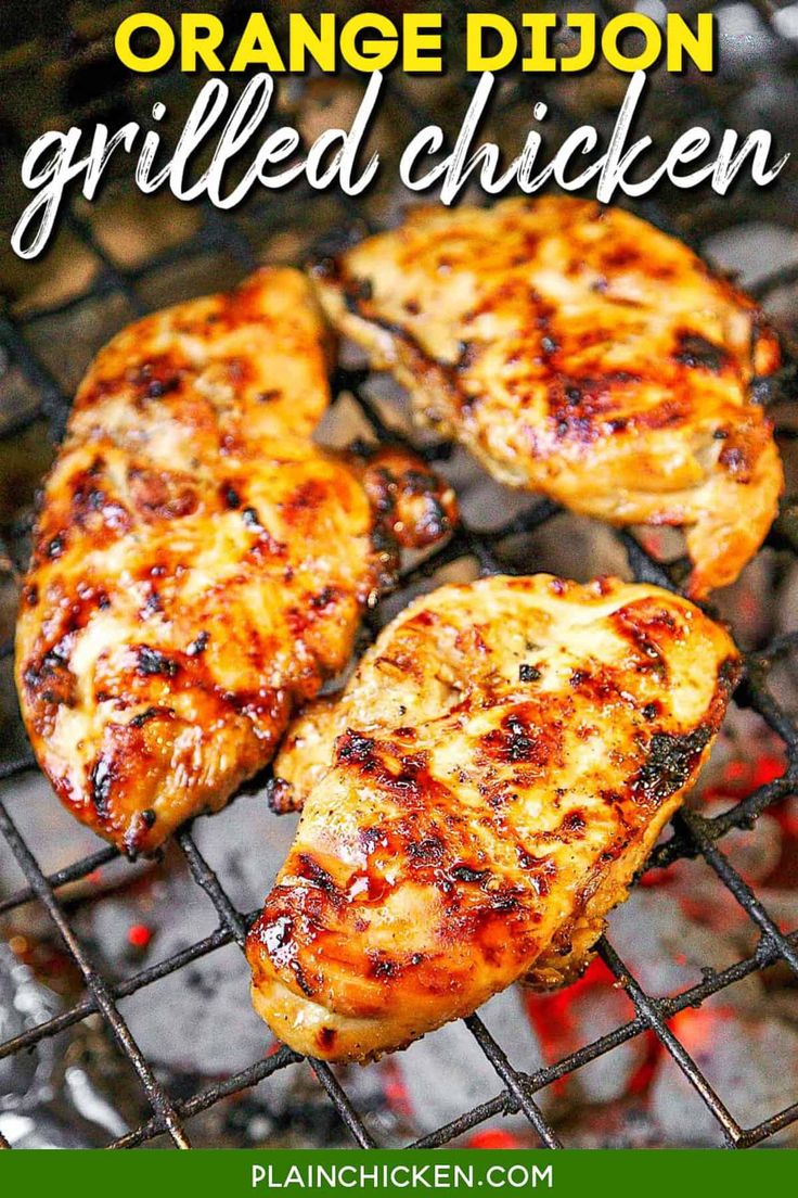 Orange Dijon Grilled Chicken Recipe - chicken marinated in fresh orange juice, brown sugar, dijon mustard, garlic, and apple cider vinegar - fantastic flavor combination! Great gluten-free marinade. This chicken is SO versatile! It is delicious on its own or in quesadillas, tacos, or on top of a salad. Give this a try the next time you fire up the grill. You won't be disappointed! Dijon Grilled Chicken, Brine Chicken, Chicken With Olives, Grilled Chicken Recipes, Chicken Marinades, Chicken Dishes Recipes, On The Grill, Marinated Chicken, Boneless Skinless Chicken Breast