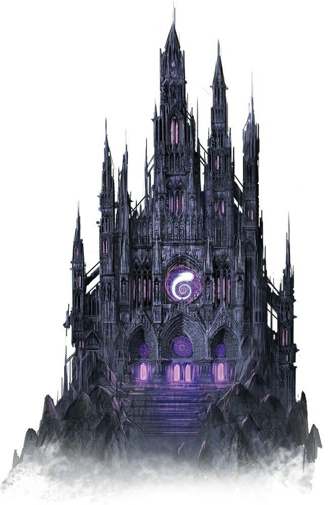 an illustration of a gothic castle with purple lights on it's towers and stairs