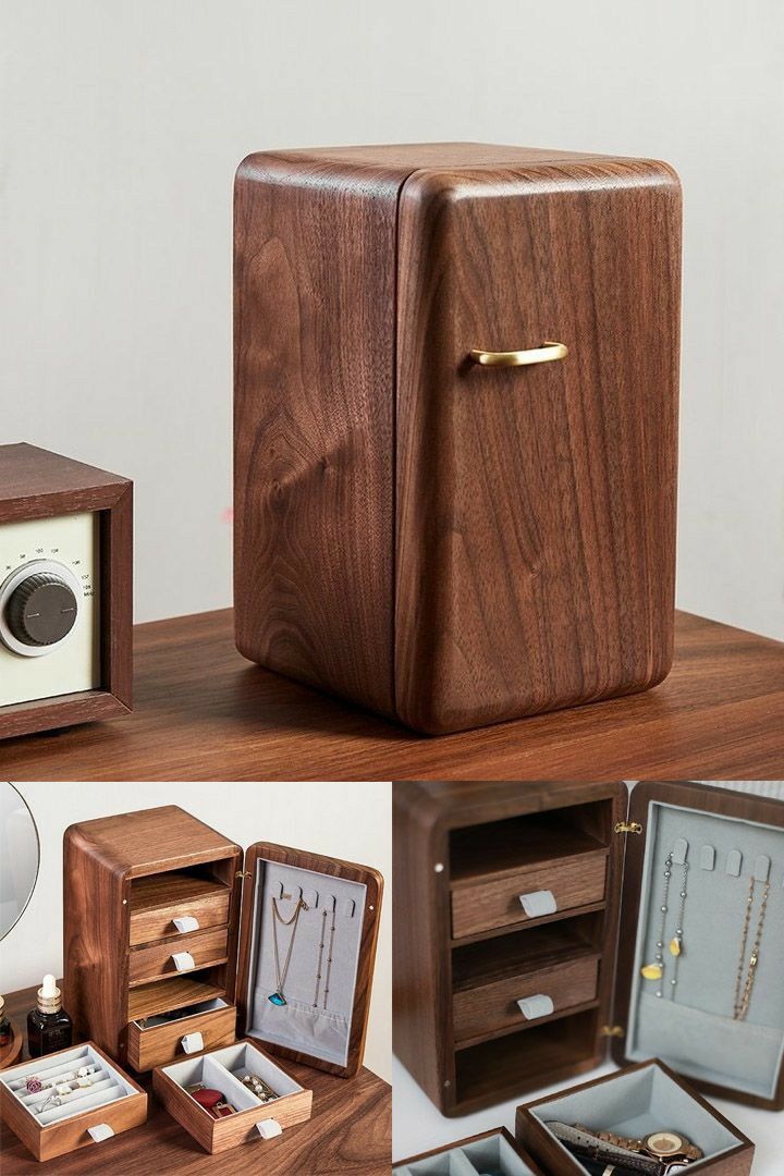 an assortment of wooden boxes with jewelry in them, including a watch and necklace box