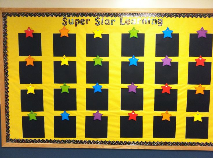 a bulletin board with stars on it and the words super star learning written in black