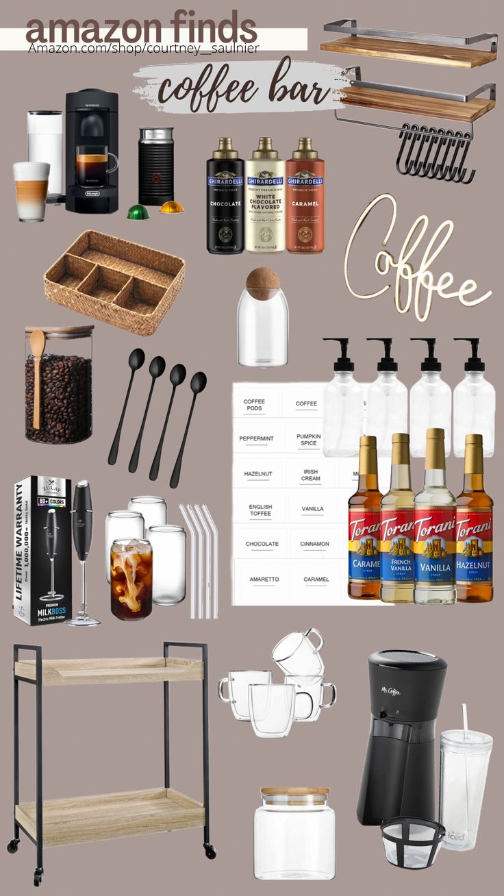 an assortment of coffee related items on a gray background