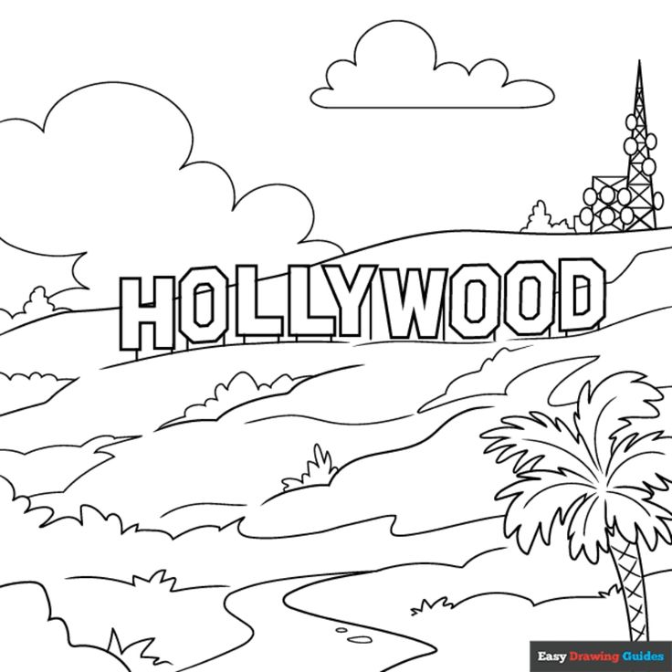 Free Hollywood Sign Coloring Page for Kids Hollywood Sign Drawing, Hollywood Sign Pictures, Hollywood Illustration, Hollywood Cartoon, Easy Drawing Guides, Drawing Guides, Popular Cartoons, Kids Print, Hollywood Sign