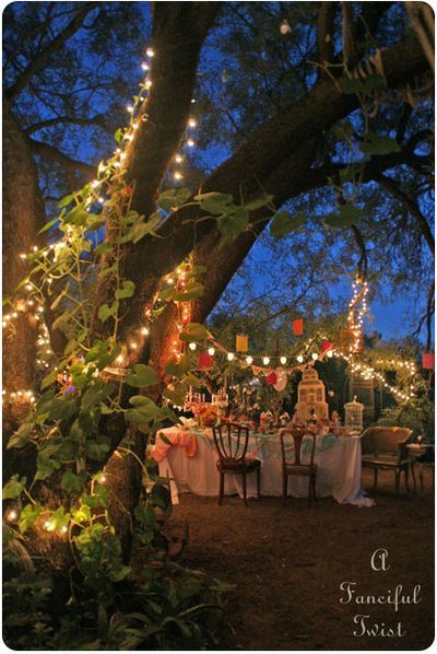 an outdoor dinner table under a tree with fairy lights on the branches and decorations around it