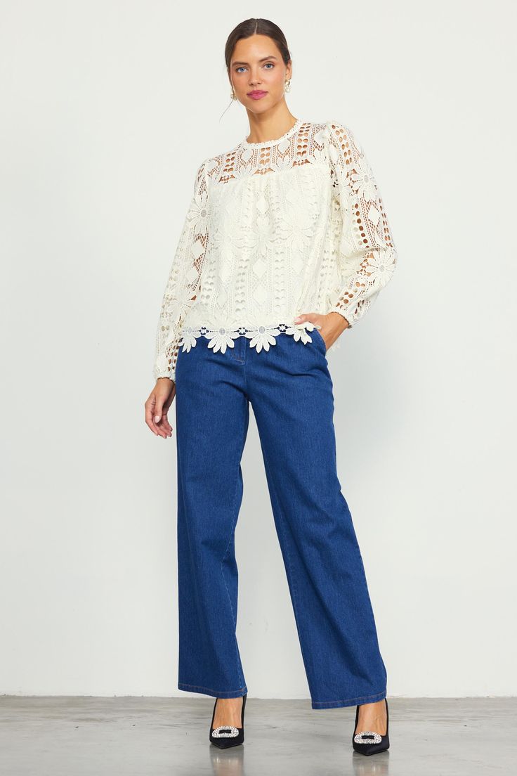 Crafted from embroidered open-eyelet lace, this long-sleeve blouse has lots of textural richness. It's got a floral motif woven in, creating a standout scalloped hem. The airy top features a round neckline and a back keyhole that's fastened by a loop button at the interior. •Round neckline •Long sleeves •Partially lined •Back keyhole with button •Relaxed fit Item Number: 45924 100% POLYESTER Vacation Dresses Casual, Wedding Guest Dress Trends, Match Velvet, Casual Wedding Dress, Eyelet Lace, Sweater Sale, Scalloped Hem, Trending Dresses, Skirts For Sale