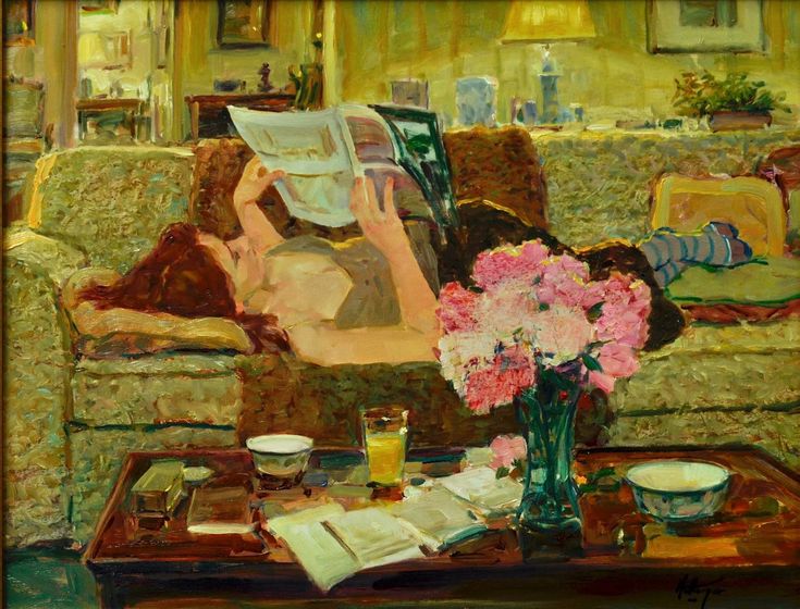 a painting of a woman sitting on a couch reading a book and holding a vase with flowers in it