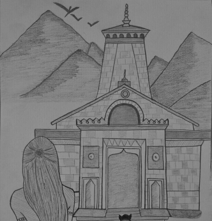 a drawing of a woman standing in front of a church