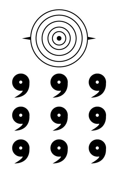 an image of a number of question marks in the form of circles with one black dot at the center