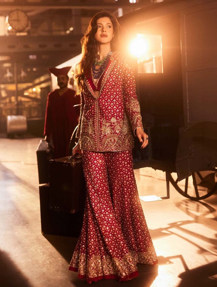 Ridhi Mehra | Milan Red Pant And Jacket Set | INDIASPOPUP.COM Brocade Sharara Suit, Indian Sangeet Outfit, Brocade Suit Design, Brocade Outfits, Garara Designs, Garara Dress, Brocade Suits, Gharara Designs, डिजाइनर कपड़े