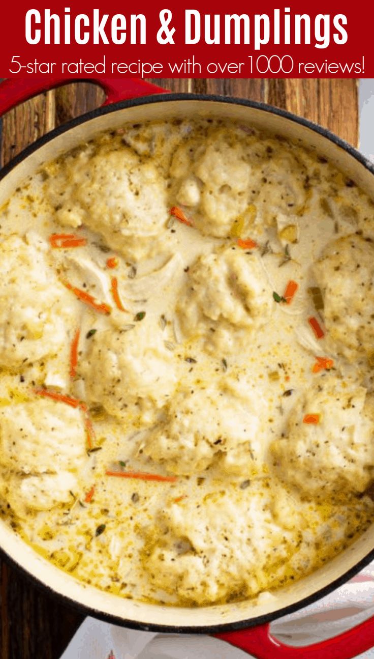 chicken and dumplings in a red pot on a wooden table with text overlay