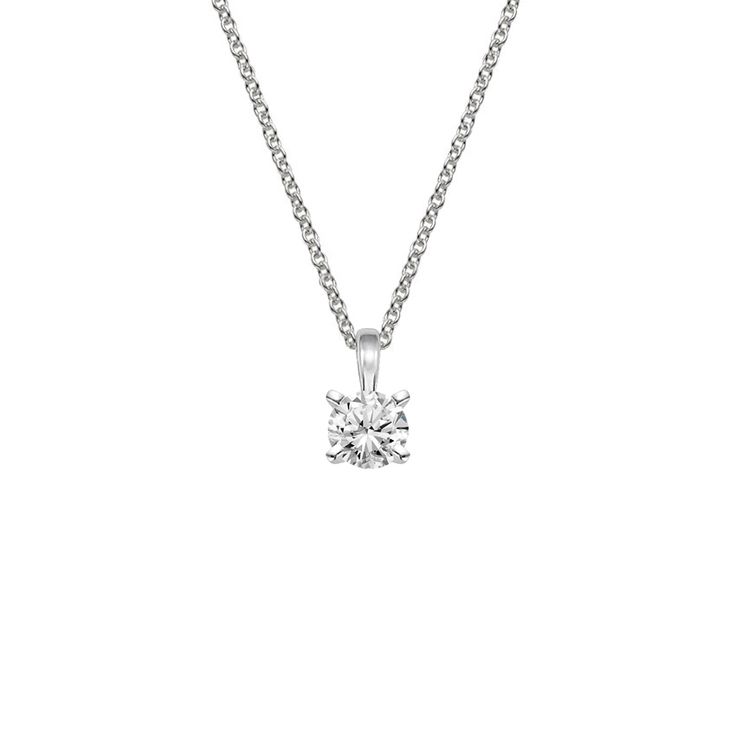 Single Bail Four Prong Pendant - 18K White Gold. A beautiful diamond is accentuated in this elegant, classic four prong pendant. The pendant dangles gracefully from a delicate cable chain. Elegant Round Pendant Diamond Necklace With Prong Setting, Elegant Diamond Necklace With Round Pendant In Prong Setting, Elegant Solitaire Diamond Cut Pendant Necklace, Timeless Diamond Pendant Necklace With Prong Setting, Timeless Solitaire Necklace With Single Diamond For Formal Occasions, Refined Solitaire Necklace With Single Diamond For Formal Occasions, Elegant Pendant Solitaire Necklace, Classic Necklace With Single Diamond, Timeless Solitaire Pendant Necklace With Prong Setting