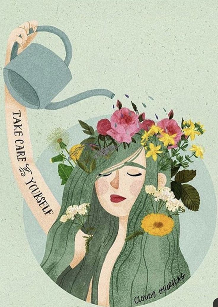 a drawing of a woman with flowers in her hair holding a watering can over her head