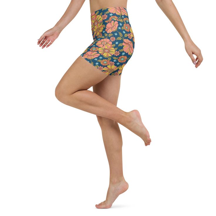 High-performance biker short swim bottoms from Berry Jane retro collection. Chlorine resistant, UPF 50+ protection. High-rise waist with a vibrant print for a look that's ready for the beach. • 82% polyester, 18% spandex • 4-way stretch fabric • Comfortable high waistband • Triangle-shaped gusset crotch • Flat seam and coverstitch Coverage: Biker short coverage Rise: High-waisted rise Inseam: 5.5" Inseam Outseam: 14" Outseam Print: Retro 70s Floral All-over print Size guide WAIST (inches) HIPS ( Womens Yoga Clothes, Retro Collection, Sunflower Shirt, Fairy Clothes, Cool Summer Outfits, Biker Short, Yoga Shorts, 4 Way Stretch Fabric, Retro 70s