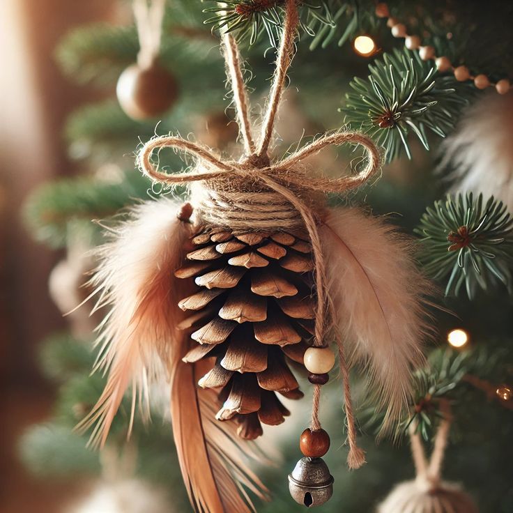 a pine cone ornament hanging from a christmas tree with feathers and beads on it