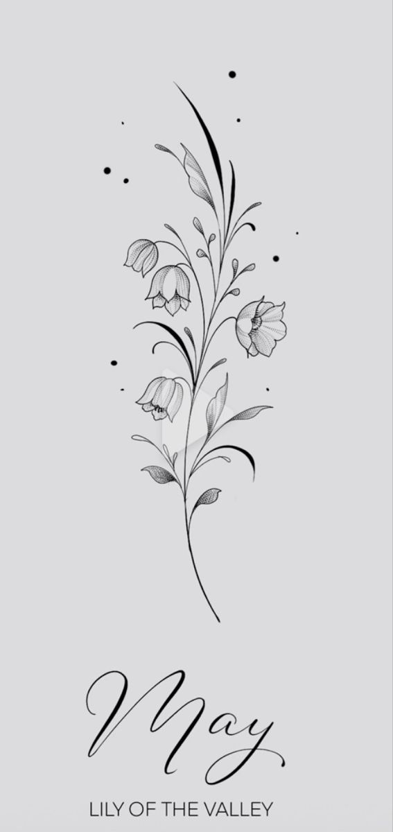 a black and white drawing of flowers on a gray background with the words, may lily of the valley