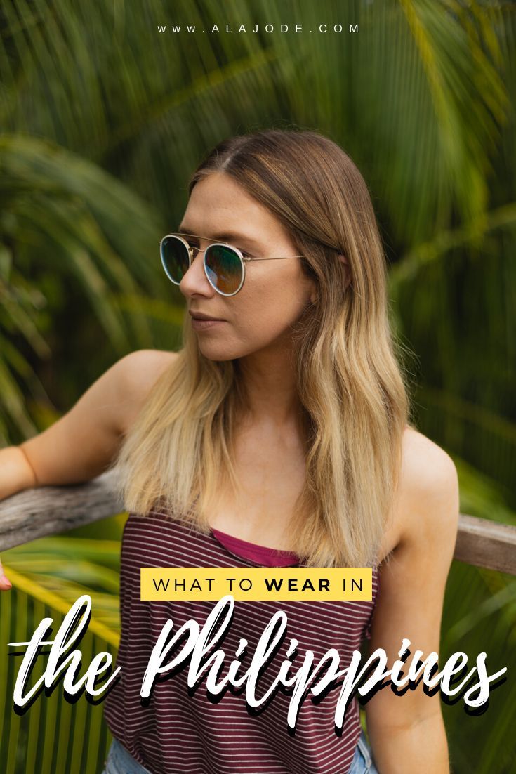 a woman wearing sunglasses with the words what to wear in the philippines on her chest