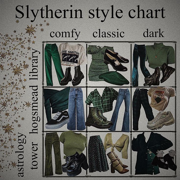 an advertisement for clothes and shoes with the words,'sly style chart comfy classic dark