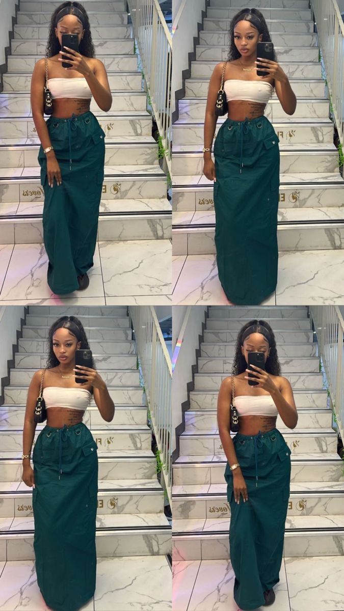 Long Green Skirt Outfit Black Women, Cargo Maxi Skirt Outfit Black Women, Modest Outfits For Black Women, Grey Cargo Skirt Outfit Black Women, Maxi Skirt Poses Photo Ideas, Green Cargo Skirt Outfit Black Women, Long Green Cargo Skirt Outfits, Green Maxi Dress Outfit Casual, Long Cargo Skirt Outfit Black Women