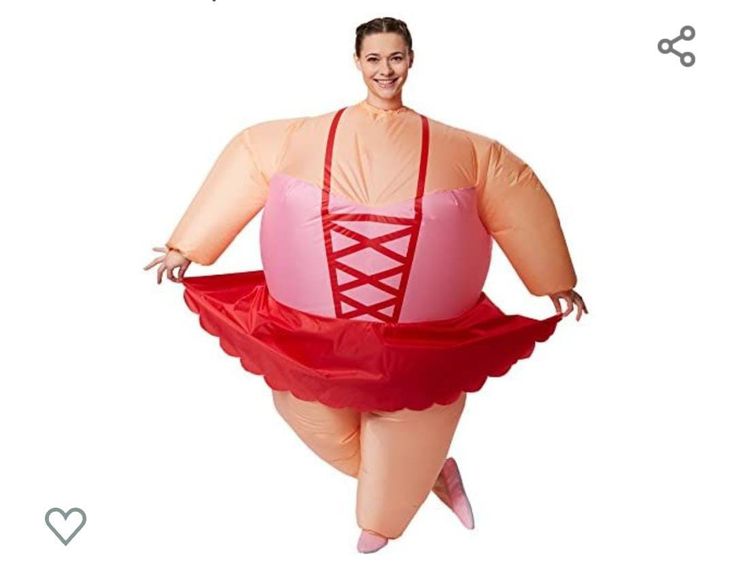 an inflatable woman wearing a red dress and pink shoes is standing on one leg