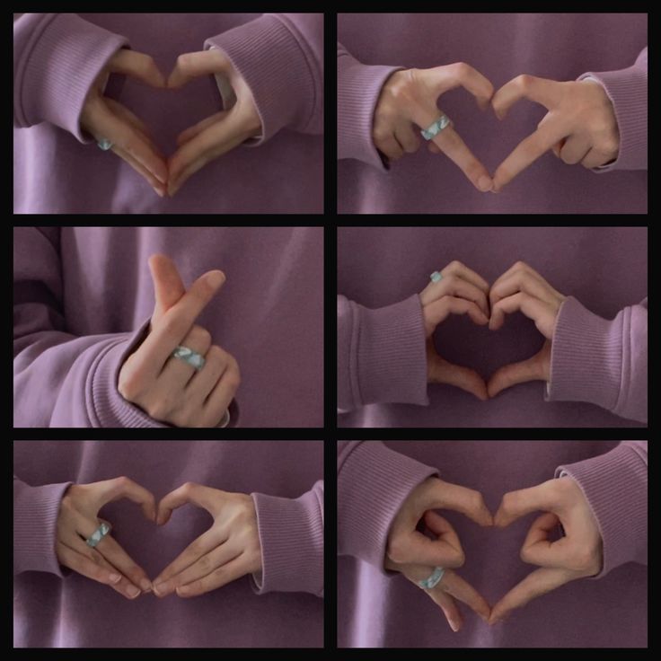 several pictures of hands making a heart with their fingers and showing the middle finger sign