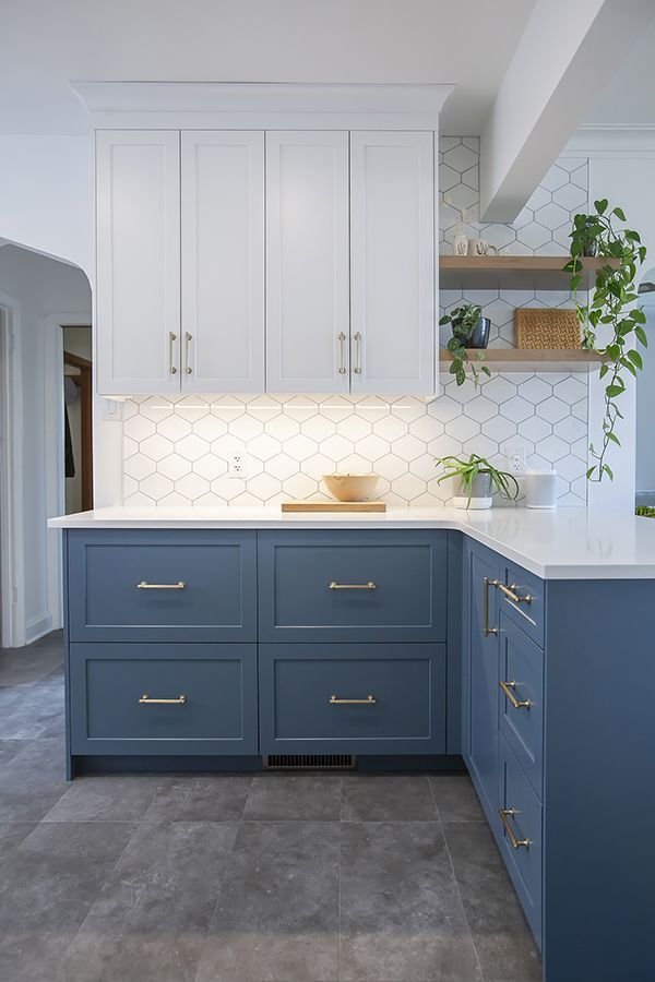 a kitchen with blue cabinets and white counter tops in an open floor plan, along with a potted plant