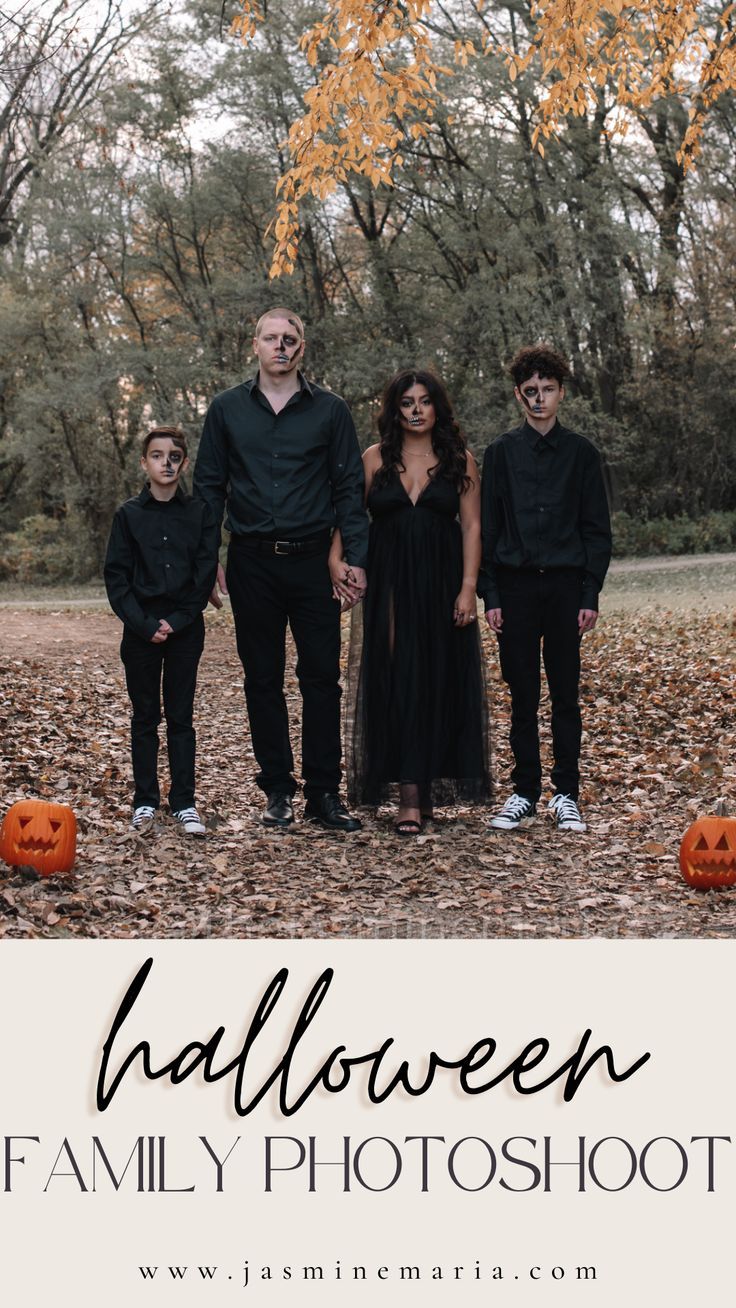 a family posing for a photo with pumpkins in front of them and the words halloween family photoshoot