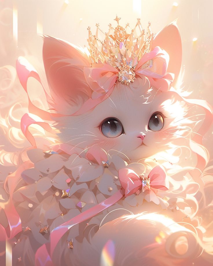 a white cat with pink bows and a tiara