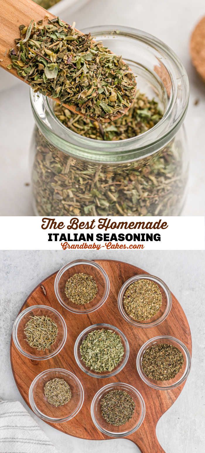 the best homemade italian seasoning recipe is in a glass jar with wooden spoons