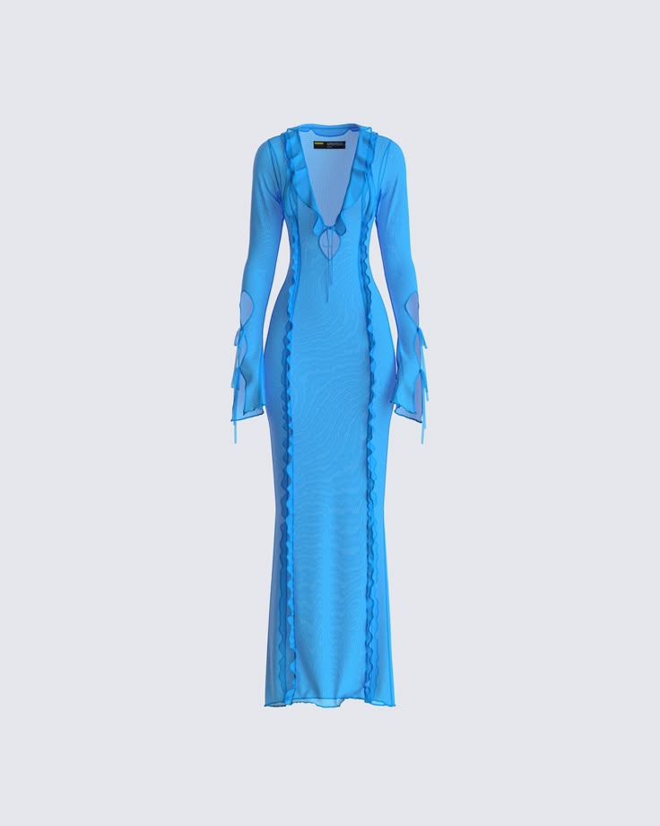 Our FLORENCE dress, now in blue 💙 Feel like the goddess you are in this gorgeous look - made from a mesh fabric, and is complete with a deep V-neck, a mini keyhole cut out, ruffled details, and flared long sleeves 🤩 Leave little to the imagination -- dress is sheer & undergarments are not included 👀 Mesh Maxi Dress, Dressy Outfits, Cute Simple Outfits, Lookbook Outfits, Fame Dr, Baddie Outfits, Mesh Dress, Deep V Neck