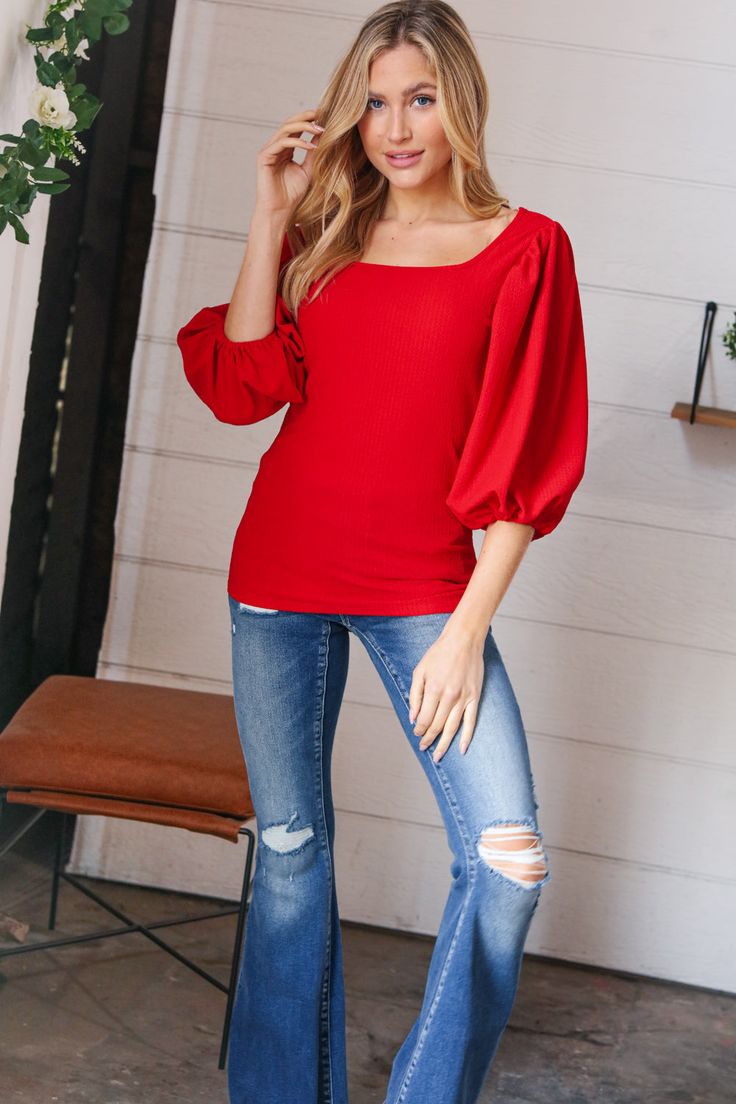 Red Square Neck Bubble Puff Sleeve Blouse 💗 #lavenderlatteboutique #bohostyle #sugarfox #boutiquefashion #boutiqueshopping Lavender Latte, Bubble Sleeve Top, Rose Leggings, Kids Activewear, Elastic Sleeves, Chiffon Tunic, Red Square, Wide Leg Linen Pants, Fitted Top