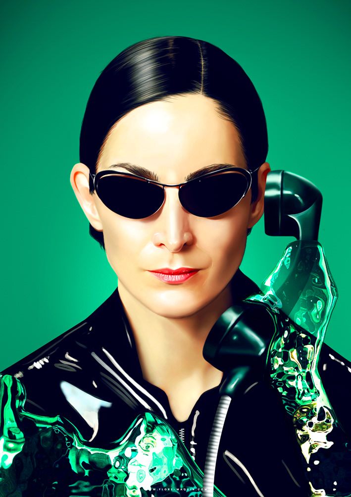 a woman wearing sunglasses and holding an old phone to her ear, in front of a green background