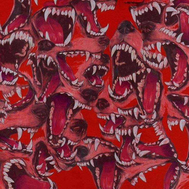 an art work with many teeth and fangs on the face, all in red background