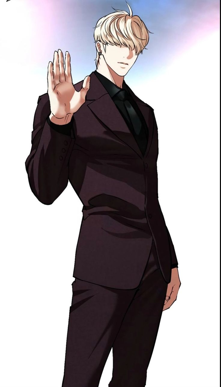 an anime man in a suit and tie holding his hand up