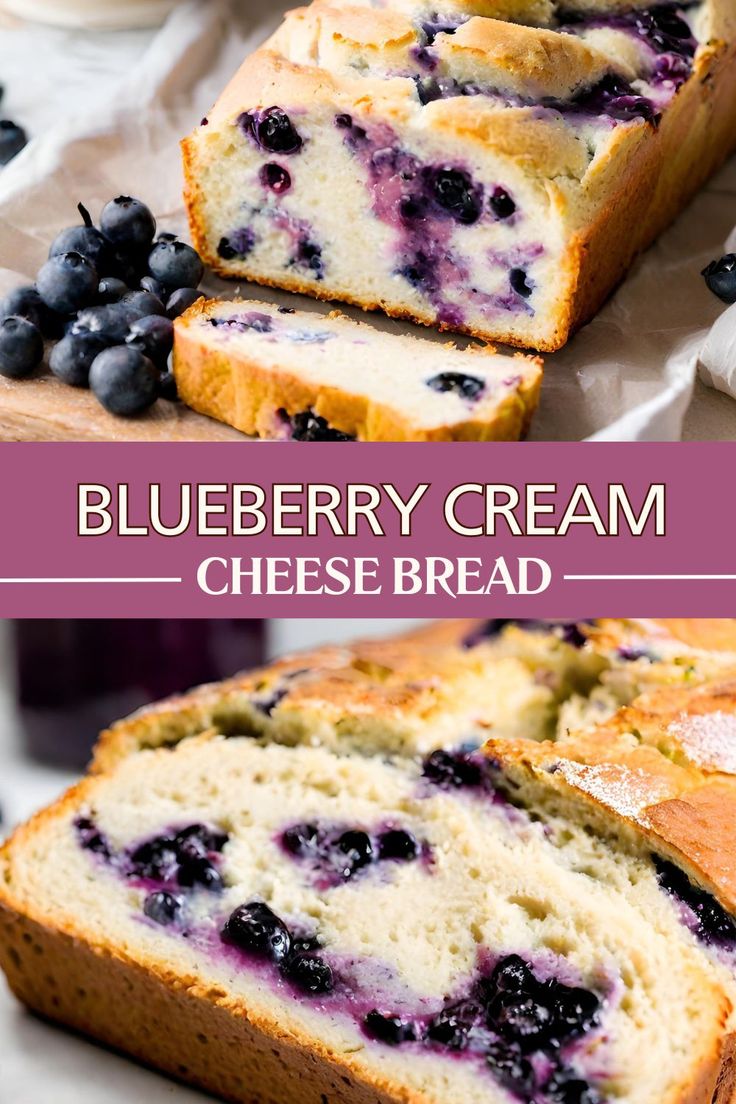 blueberry cream cheese bread is cut into slices and served with fresh berries on the side