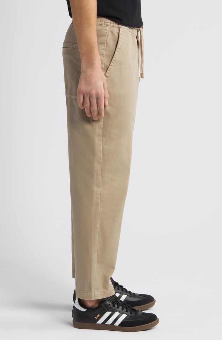 Slide your legs into the lightweight and breathable comfort of organic-cotton twill in straight-legs pants topped with a comfortable drawstring waist. 27" inseam, 15" leg opening; 12" front rise; 14 1/4" back rise (size 32) Zip fly with button closure Drawstring waist Front slant pockets 100% organic cotton Machine wash, line dry Imported Relaxed Cotton Pants With Pull-on Style, Utility Straight Leg Pants With Drawstring, Relaxed Fit Utility Pants With Pull-on Style, Utility Tapered Leg Pants With Drawstring, Relaxed Fit Utility Bottoms With Pull-on Style, Utility Pants With Drawstring And Tapered Leg, Utility Drawstring Tapered Leg Pants, Khaki Straight Leg Sweatpants For Spring, Spring Khaki Straight Leg Sweatpants