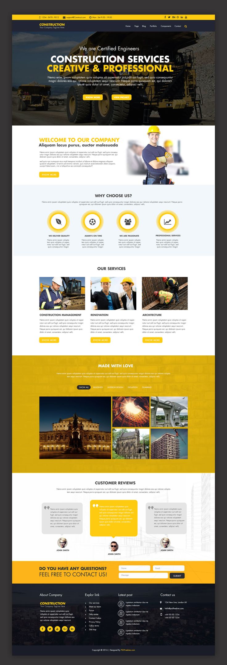 the website design for construction company is shown in yellow and black colors, with an image of