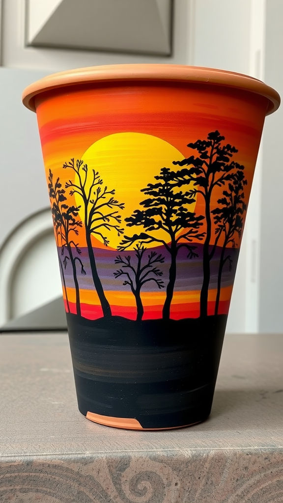 a pot sitting on top of a counter with trees painted on it's side