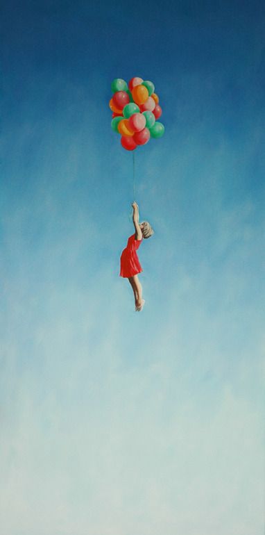 a woman flying through the air while holding onto a bunch of balloons in her hand