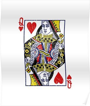 the queen of spades is shown in red, yellow and blue colors on a white background