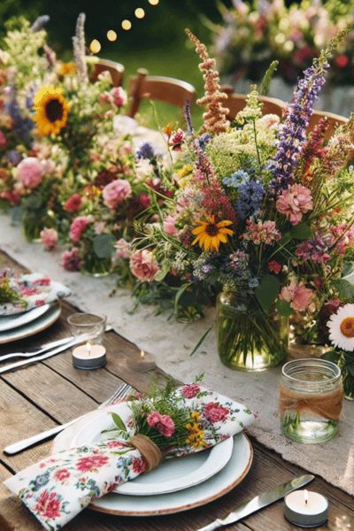 an outdoor table set with flowers and place settings