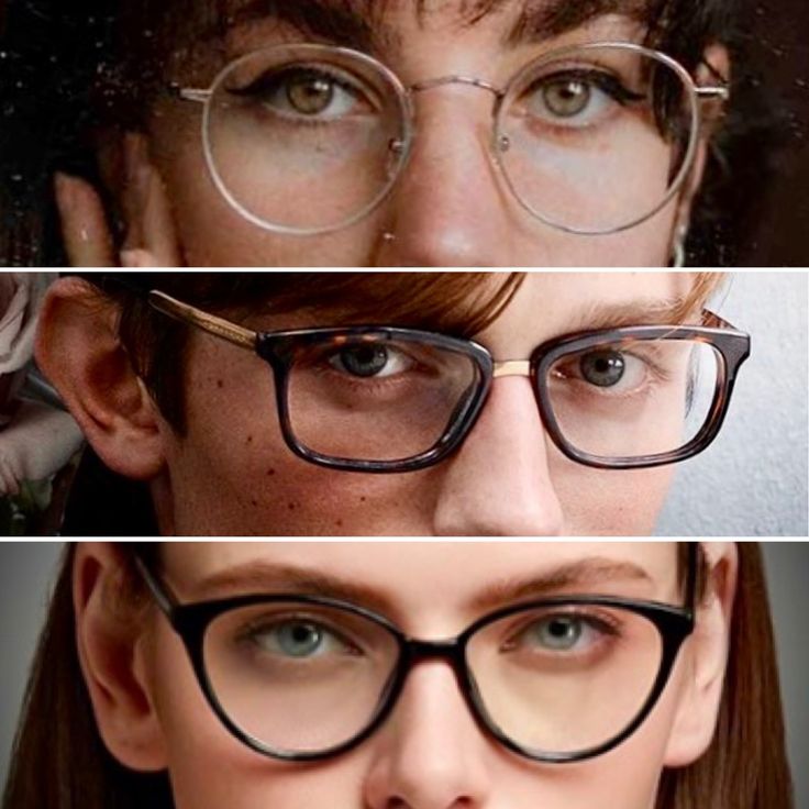 three different pictures of a woman with glasses on her face and the same person's nose