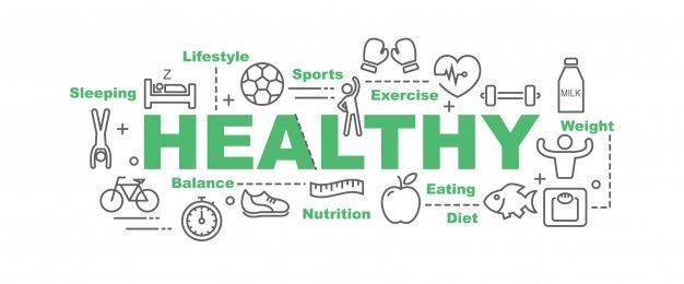 the word healthy written in green surrounded by icons and symbols on white background stock photo