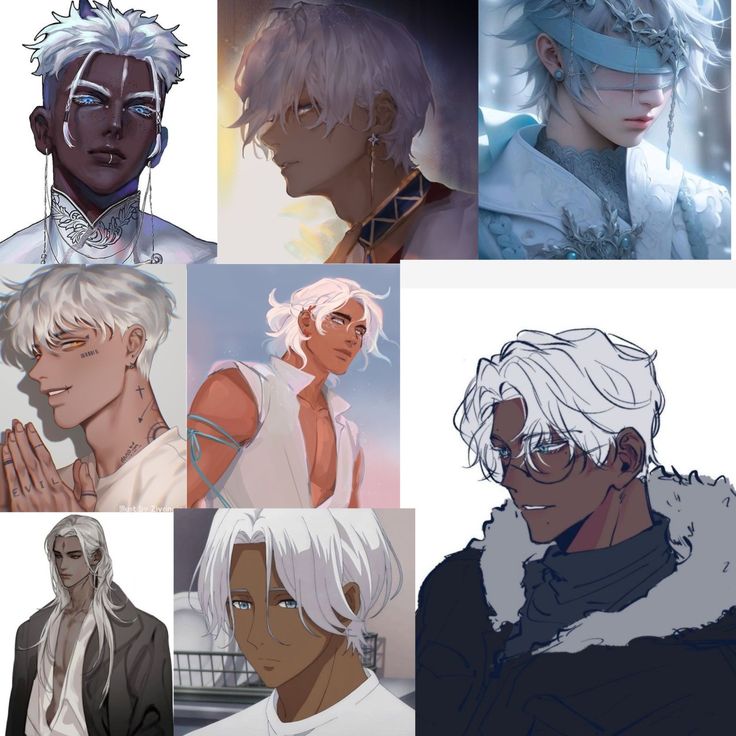 several different anime characters with white hair and glasses on their faces, one is looking at the camera