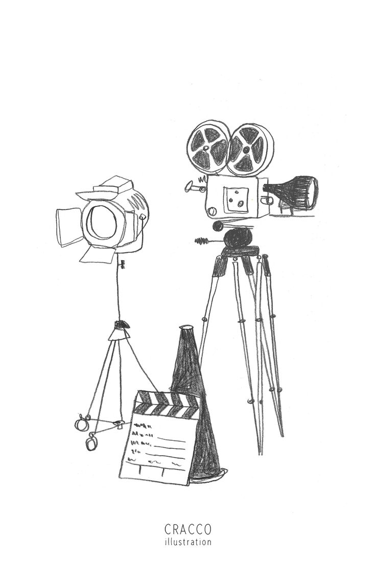 a black and white drawing of a movie camera on a tripod next to a video camera