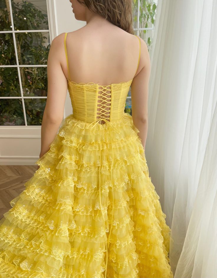 Sun-yellow Swirl Ball Gown | Teuta Matoshi Yellow Dresses With Fitted Bodice For Banquets, Yellow Dresses With Fitted Bodice For Banquet, Yellow Dress With Fitted Bodice For Banquet, Fitted Yellow Dress For Wedding, Yellow Sleeveless Evening Dress For Wedding, Yellow Ball Gown For Prom Season, Yellow Sleeveless Evening Dress For Banquet, Yellow Ball Gown For Party, Yellow Ball Gown For Wedding