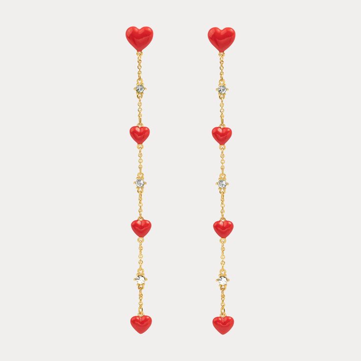 DETAILS Plating: 18K Gold Materials: 18K Gold on Brass, Cubic Zirconia, Enamel, Silver Size: 4.06"*0.35"/103mm*9mm Weight: 3.6g Elegant Double Heart Earrings For Valentine's Day, Elegant Red Heart Charm Earrings, Elegant Red Earrings With Heart Charm, Red Heart Cut Elegant Earrings, Elegant Red Double Heart Earrings, Elegant Red Heart Cut Earrings, Elegant Evening Earrings For Valentine's Day, Elegant Earrings With Heart Detail, Elegant Heart Detail Earrings For Gift