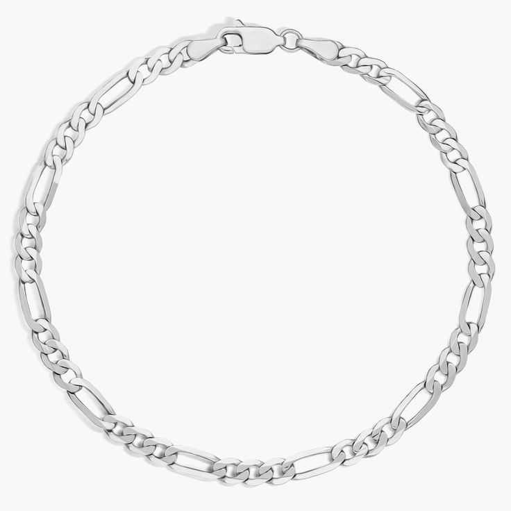 Go for the gold with this 14k white gold bracelet designed with square trios of links connected by longer rectangular links that alternate to create a balanced look made for everyday wear. Modern Bracelets With Rectangular Figaro Chain Links, Modern Figaro Chain Bracelet, Modern Link Bracelets With Figaro Chain, Classic White Chain Bracelet With Solid Links, Formal Silver Bracelet With Figaro Chain, Classic Bracelets With Rectangular Silver Chain Links, Modern Figaro Chain Bracelet With Rectangular Links, Modern Silver Bracelet With Figaro Chain, Modern Figaro Chain Bracelets