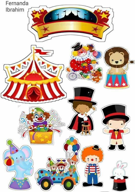 an assortment of circus stickers on a white background